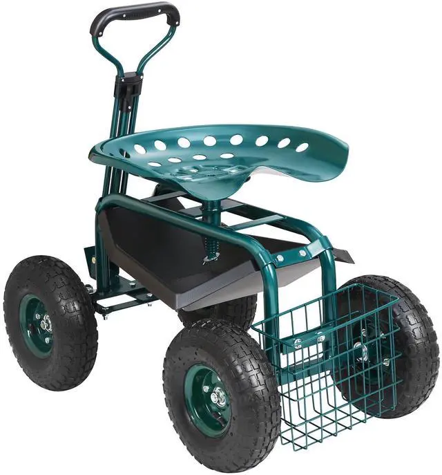 Alt view image 4 of 7 - Garden Cart Rolling Workseat with Wheels, Gardening Stool for Planting, 360 Degree Swivel Seat, Wagon Scooter with Steering Handle & Utility Tool Tray, Use for Patio, Yard, and Outdoors, Green