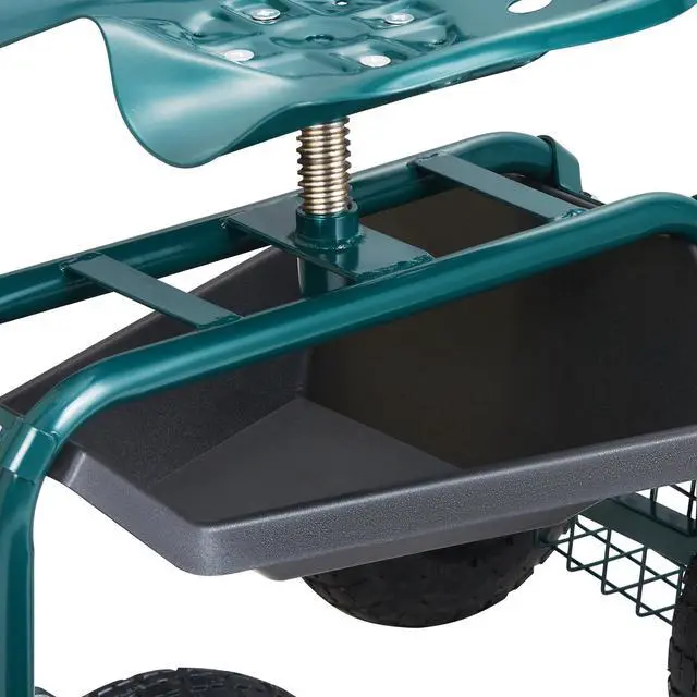 Alt view image 5 of 7 - Garden Cart Rolling Workseat with Wheels, Gardening Stool for Planting, 360 Degree Swivel Seat, Wagon Scooter with Steering Handle & Utility Tool Tray, Use for Patio, Yard, and Outdoors, Green
