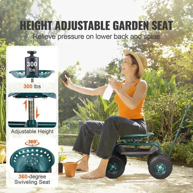 Alt view image 6 of 7 - Garden Cart Rolling Workseat with Wheels, Gardening Stool for Planting, 360 Degree Swivel Seat, Wagon Scooter with Steering Handle & Utility Tool Tray, Use for Patio, Yard, and Outdoors, Green