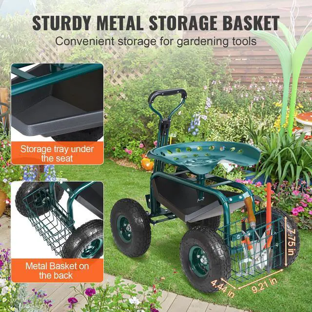 Alt view image 7 of 7 - Garden Cart Rolling Workseat with Wheels, Gardening Stool for Planting, 360 Degree Swivel Seat, Wagon Scooter with Steering Handle & Utility Tool Tray, Use for Patio, Yard, and Outdoors, Green