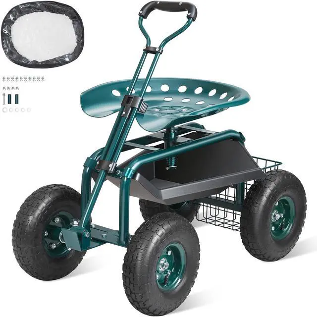 Main image of Garden Cart Rolling Workseat with Wheels, Gardening Stool for Planting, 360 Degree Swivel Seat, Wagon Scooter with Steering Handle & Utility Tool Tray, Use for Patio, Yard, and Outdoors, Green