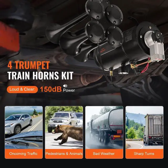 Alt view image 2 of 7 - Train Horns Kit, 4 Trumpet Air Horn Kit, 150dB Train Horns for Pickup Trucks, 12V 120 psi Air Compressor 0.8 Gal/3 L Tank with Gauge for Any 12V Vehicle Car Truck Train Van Boat