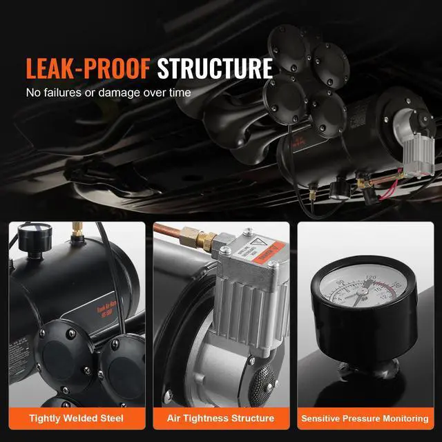 Alt view image 3 of 7 - Train Horns Kit, 4 Trumpet Air Horn Kit, 150dB Train Horns for Pickup Trucks, 12V 120 psi Air Compressor 0.8 Gal/3 L Tank with Gauge for Any 12V Vehicle Car Truck Train Van Boat