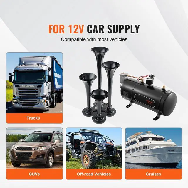 Alt view image 4 of 7 - Train Horns Kit, 4 Trumpet Air Horn Kit, 150dB Train Horns for Pickup Trucks, 12V 120 psi Air Compressor 0.8 Gal/3 L Tank with Gauge for Any 12V Vehicle Car Truck Train Van Boat
