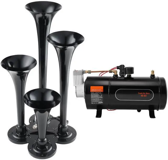 Alt view image 6 of 7 - Train Horns Kit, 4 Trumpet Air Horn Kit, 150dB Train Horns for Pickup Trucks, 12V 120 psi Air Compressor 0.8 Gal/3 L Tank with Gauge for Any 12V Vehicle Car Truck Train Van Boat