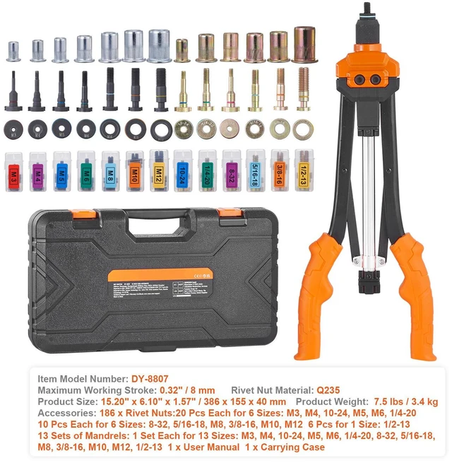 Alt view image 2 of 7 - Rivet Nut Tool, 16 inch Rivnut Tool Kit with 13PCS Metric and SAE Mandrels, 186PCS Rivet Nuts, Semi-auto Retraction, M3, M4, M5, M6, M8, M10, M12, 1/4-20, 5/16-18, 3/8-16, 1/2-13, 8-32, 10-24