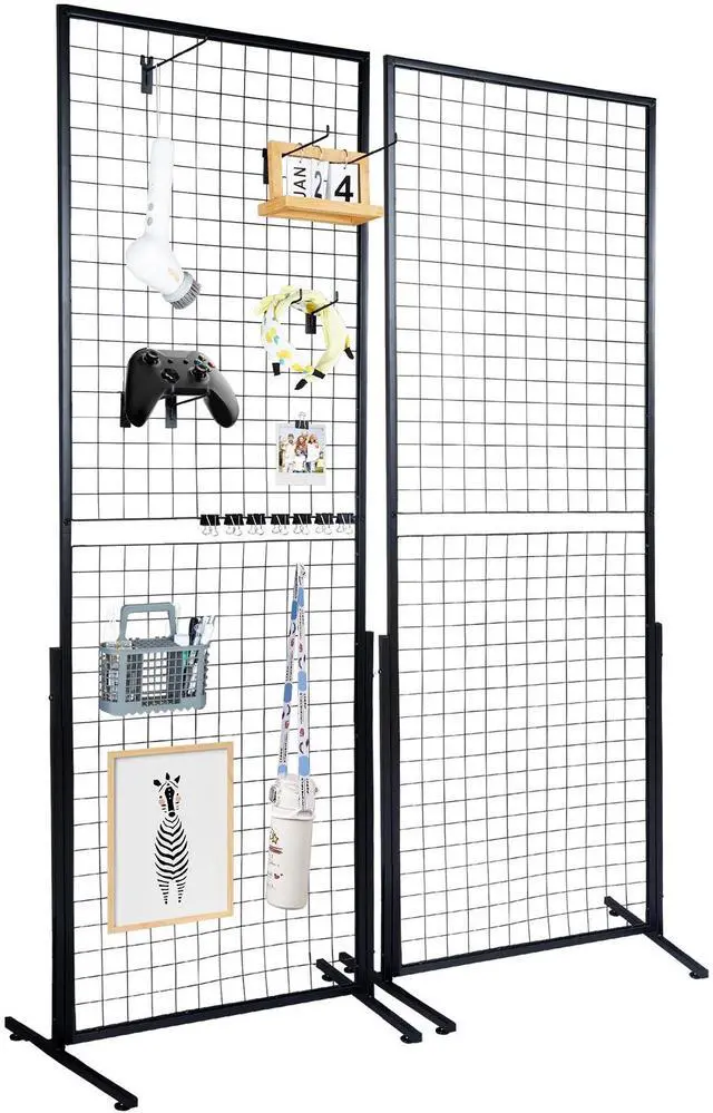 Alt view image 4 of 7 - 2' x 5.6' Grid Wall Panels Tower, 2 Packs Wire Gridwall Display Racks with T-Base Floorstanding, Double Side Gridwall Panels for Art Craft Shows, Retail Display with Extra Clips and Hooks