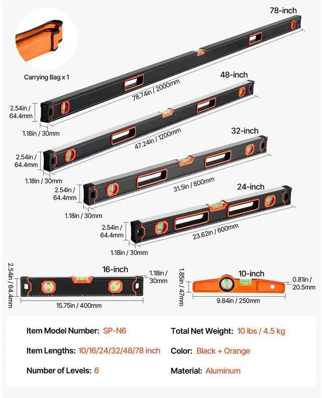 Alt view image 3 of 7 - 6-Piece Torpedo Level, 78/48/32/24/16/10 Inch Box Levels Set, Bubble Vials Ruler for 45/90/180 Degree, Shock-Proof Aluminum Alloy Magnetic Leveler Tool, SAE/Metric Scale