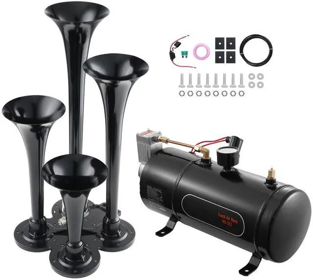 Main image of Train Horns Kit, 4 Trumpet Air Horn Kit, 150dB Train Horns for Pickup Trucks, 12V 120 psi Air Compressor 0.8 Gal/3 L Tank with Gauge for Any 12V Vehicle Car Truck Train Van Boat