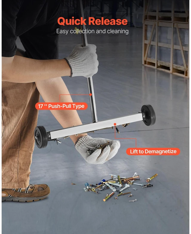 Alt view image 3 of 7 - Magnetic Sweeper with Wheels, 17 inch, 10 lbs Load Capacity, Lightweight Magnetic Pickup Sweeper with Adjustable Handle, Pick Up Nails and Screws, Easy Cleanup for Garages, Roofing Projects