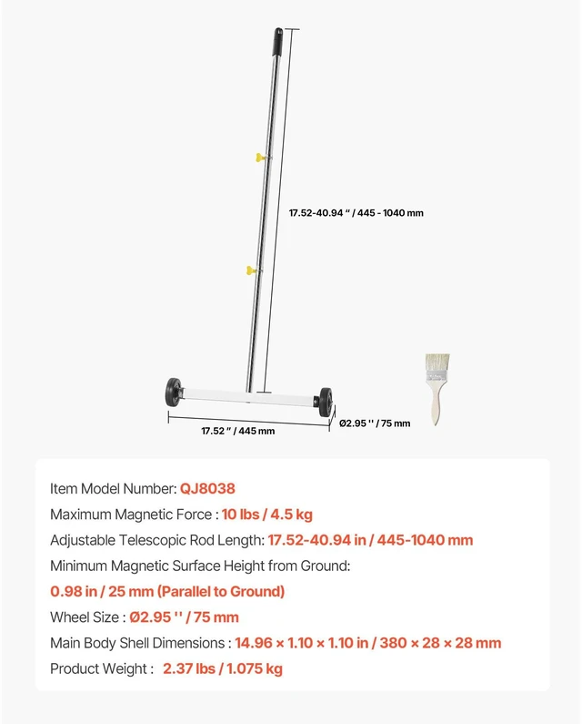 Alt view image 5 of 7 - Magnetic Sweeper with Wheels, 17 inch, 10 lbs Load Capacity, Lightweight Magnetic Pickup Sweeper with Adjustable Handle, Pick Up Nails and Screws, Easy Cleanup for Garages, Roofing Projects