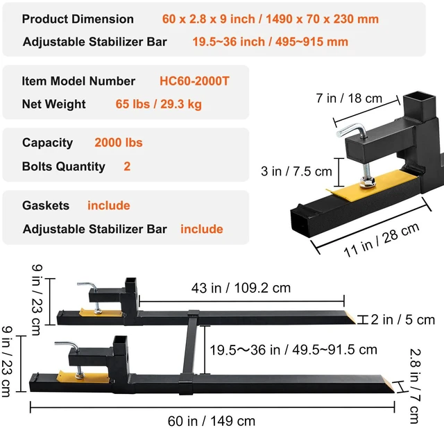 Alt view image 2 of 7 - Pallet Forks, 2000 lbs Tractor Bucket Forks, 60" Total Length Clamp on Pallet Forks with Adjustable Stabilizer bar, Heavy Duty Pallet Forks for Tractor Attachments, Skid Steer, Loader Bucket