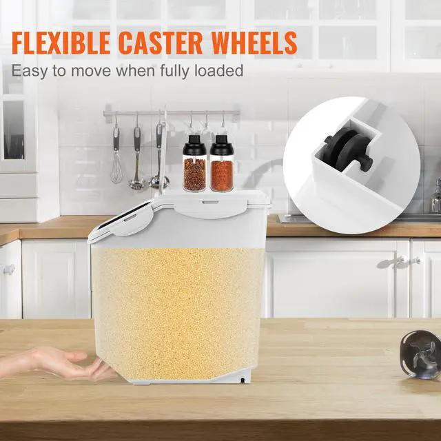 Alt view image 2 of 7 - Ingredient Storage Bin, 2 x 15L Dispenser Bin with 2 Measuring Cups, Attachable Casters and Airtight Lid, 2 Pcs/Set Dog Pet Food Storage Container, PP Material Kitchen Rice Cereal Flour Bin