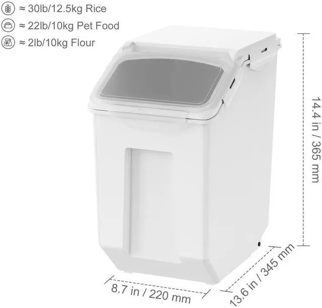 Alt view image 3 of 7 - Ingredient Storage Bin, 2 x 15L Dispenser Bin with 2 Measuring Cups, Attachable Casters and Airtight Lid, 2 Pcs/Set Dog Pet Food Storage Container, PP Material Kitchen Rice Cereal Flour Bin