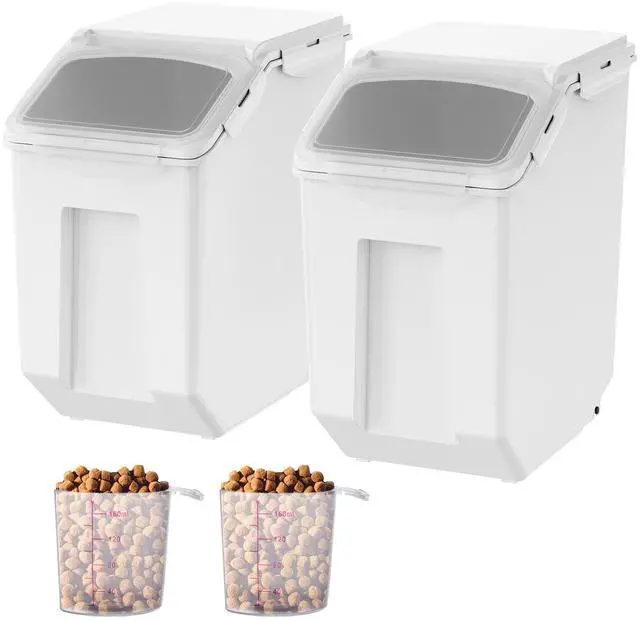 Alt view image 4 of 7 - Ingredient Storage Bin, 2 x 15L Dispenser Bin with 2 Measuring Cups, Attachable Casters and Airtight Lid, 2 Pcs/Set Dog Pet Food Storage Container, PP Material Kitchen Rice Cereal Flour Bin