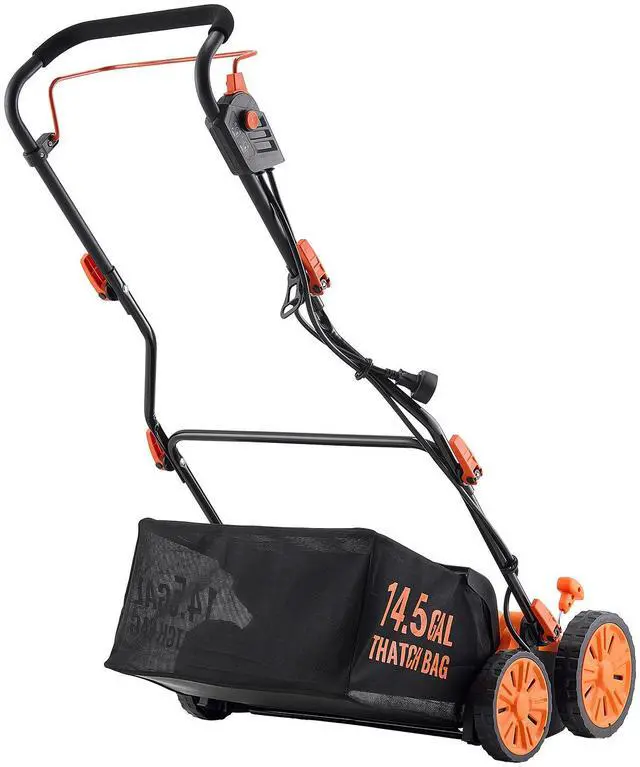 Alt view image 3 of 7 - 2-in-1 Electric Dethatcher and Scarifier, 16-Inch 15 Amp, Corded Lawn Dethatcher with 14.5-Gallon Thatch Collection Bag, 5-Position Depth Adjustment, Walk Behind Machine for Garden Yard Grass