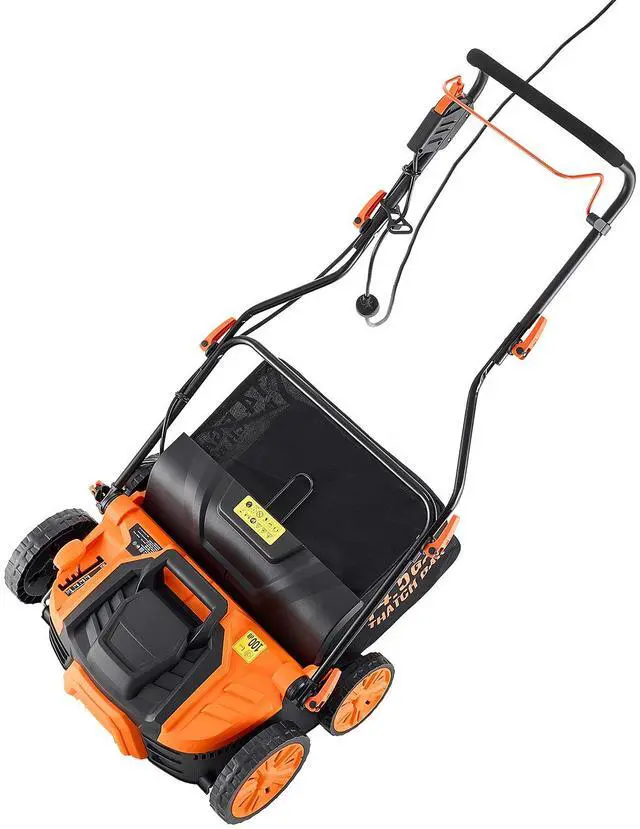 Alt view image 2 of 7 - 2-in-1 Electric Dethatcher and Scarifier, 16-Inch 15 Amp, Corded Lawn Dethatcher with 14.5-Gallon Thatch Collection Bag, 5-Position Depth Adjustment, Walk Behind Machine for Garden Yard Grass