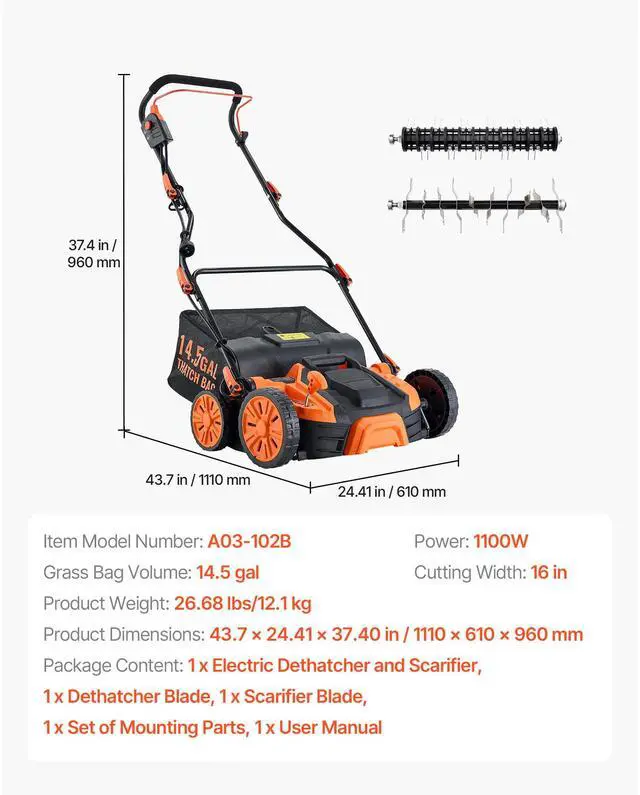 Alt view image 5 of 7 - 2-in-1 Electric Dethatcher and Scarifier, 16-Inch 15 Amp, Corded Lawn Dethatcher with 14.5-Gallon Thatch Collection Bag, 5-Position Depth Adjustment, Walk Behind Machine for Garden Yard Grass