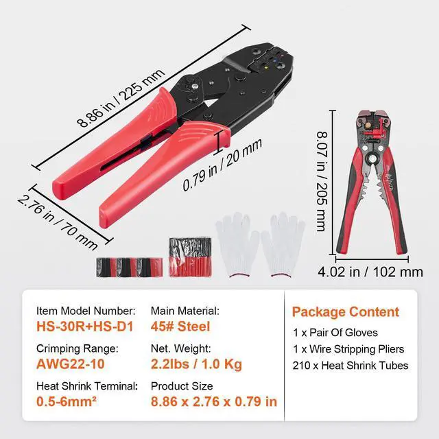 Alt view image 4 of 7 - Ratcheting Crimping Tool Set For Insulated Electrical Connectors AWG22-10 with Wire Stripper and 210pcs Heat Shrink Tubes Labor-Saving Ratcheting Wire Crimp Pliers