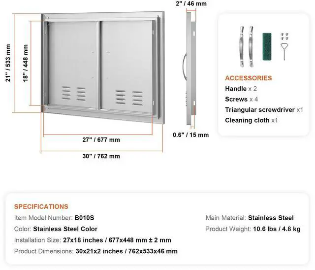 Alt view image 6 of 7 - BBQ Access Door, 30W x 21H Inch Double Outdoor Kitchen Door, Stainless Steel Flush Mount Door, Wall Vertical Door with Handles and Vents, for BBQ Island, Grilling Station, Outside Cabinet