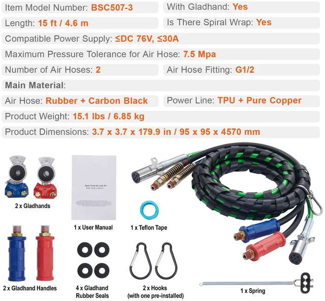 Alt view image 3 of 7 - 15FT Semi Truck Air Lines Kit with 2PCS Glad Hands, 3-in-1 Air Hoses & 7 Way ABS Electric Power Line, with 2PCS Gladhand Handles, 4PCS Seals and Tender Spring Kit for Semi Truck Trailer Tractor