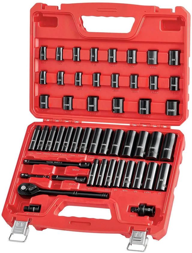 Main image of 3/8 in Drive Impact Socket Set, 50 Piece, 6 Point Deep & Shallow Impact Sockets, SAE (5/16 in to 3/4 in) and Metric (8 to 22 mm) Sizes with 3 in & 6 in Extension Bars, Cr-V Steel, Carrying Case