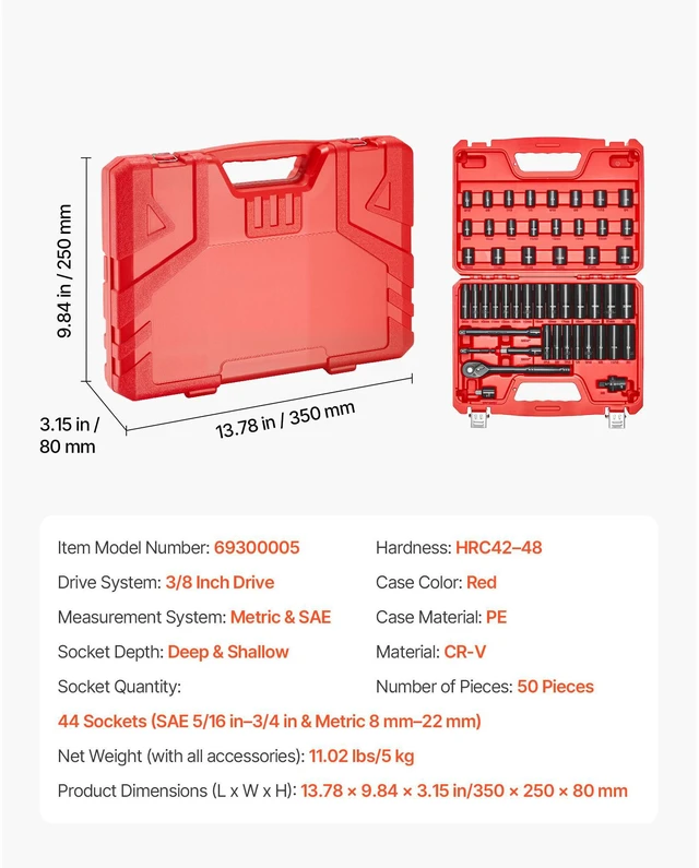 Alt view image 5 of 7 - 3/8 in Drive Impact Socket Set, 50 Piece, 6 Point Deep & Shallow Impact Sockets, SAE (5/16 in to 3/4 in) and Metric (8 to 22 mm) Sizes with 3 in & 6 in Extension Bars, Cr-V Steel, Carrying Case