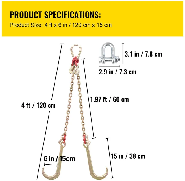 Alt view image 3 of 7 - V Bridle Chain, 5/16 in x 2 ft Bridle Tow Chain, Grade 80 V-Bridle Transport Chain, 9260 Lbs Break Strength with TJ Hooks and Crab Hooks, Heavy Duty Pear Link Connector and Chain Shorteners