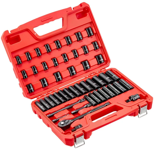 Alt view image 6 of 7 - 3/8 in Drive Impact Socket Set, 50 Piece, 6 Point Deep & Shallow Impact Sockets, SAE (5/16 in to 3/4 in) and Metric (8 to 22 mm) Sizes with 3 in & 6 in Extension Bars, Cr-V Steel, Carrying Case