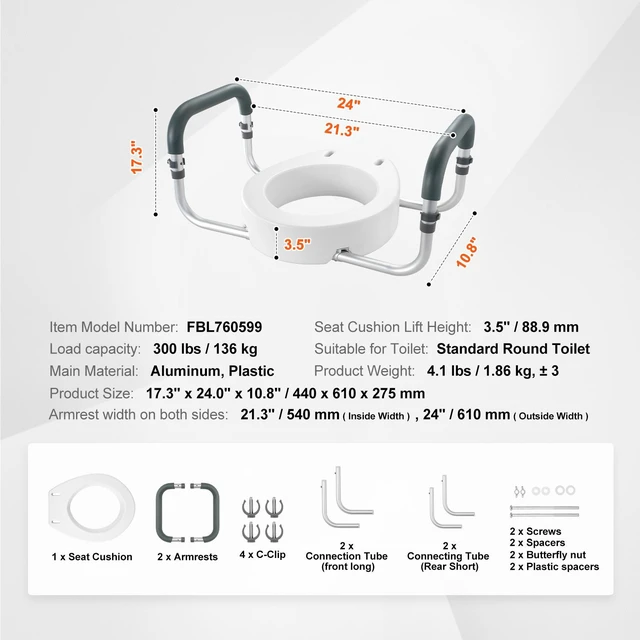 Alt view image 2 of 7 - Raised Toilet Seat, 3.5" Height Raised, 300 lbs Weight Capacity, for Standard Round Toilet, Aluminum Handrail, with EVA Armrest Padding, for Elderly, Handicap, Patient, Pregnant, Medical