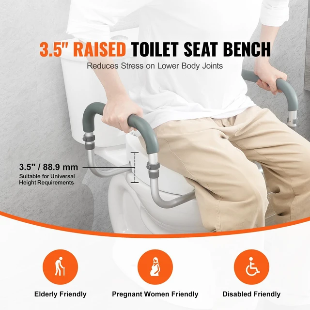 Alt view image 3 of 7 - Raised Toilet Seat, 3.5" Height Raised, 300 lbs Weight Capacity, for Standard Round Toilet, Aluminum Handrail, with EVA Armrest Padding, for Elderly, Handicap, Patient, Pregnant, Medical