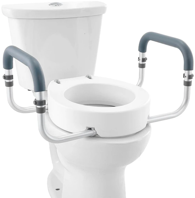Alt view image 6 of 7 - Raised Toilet Seat, 3.5" Height Raised, 300 lbs Weight Capacity, for Standard Round Toilet, Aluminum Handrail, with EVA Armrest Padding, for Elderly, Handicap, Patient, Pregnant, Medical