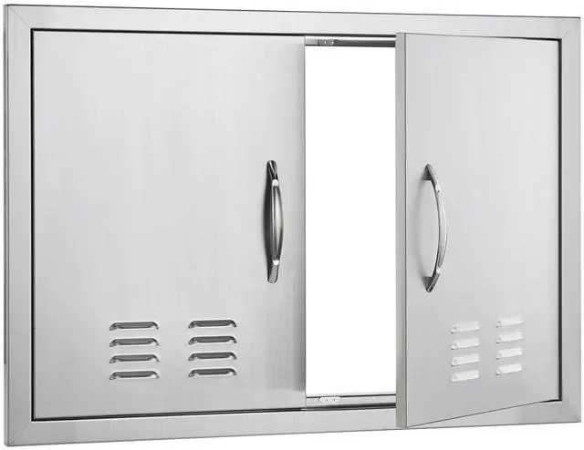 Alt view image 2 of 7 - BBQ Access Door, 30W x 21H Inch Double Outdoor Kitchen Door, Stainless Steel Flush Mount Door, Wall Vertical Door with Handles and Vents, for BBQ Island, Grilling Station, Outside Cabinet