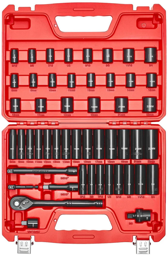 Alt view image 3 of 7 - 3/8 in Drive Impact Socket Set, 50 Piece, 6 Point Deep & Shallow Impact Sockets, SAE (5/16 in to 3/4 in) and Metric (8 to 22 mm) Sizes with 3 in & 6 in Extension Bars, Cr-V Steel, Carrying Case