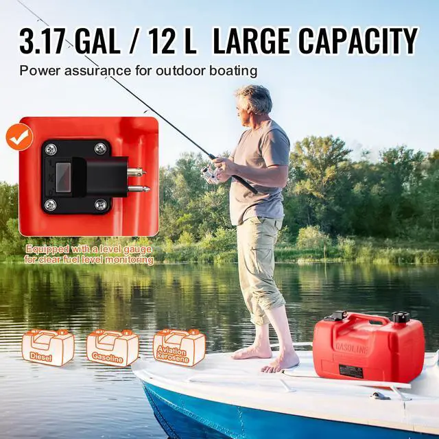 Alt view image 7 of 7 - Marine Fuel Tank, 3.17 Gallon/12L, Portable Boat Fuel Gas Tank for Outboard Engine Boats, Plastic Outboard Marine Boat Fuel Tank with Hose, Easy to Carry for Yacht, Fishing Boat, Deck Boat, Red