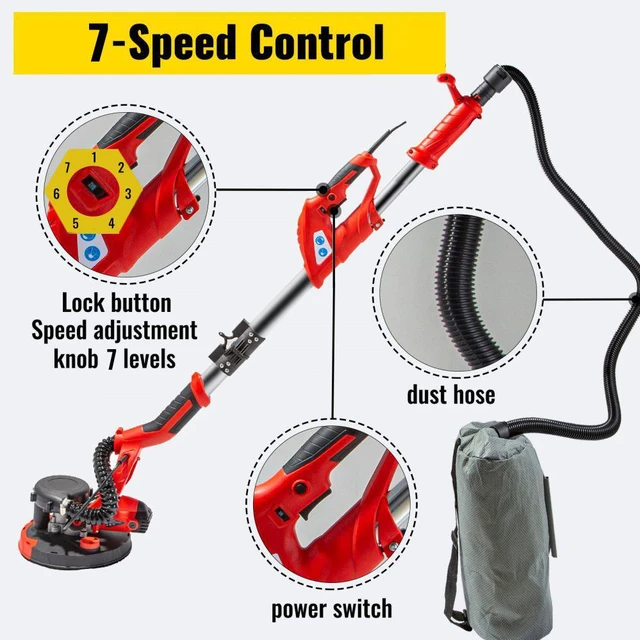 Alt view image 6 of 7 - Drywall Sander 850W Electric, Electric Sander Variable Speed 800-1750RPM, Drywall Sander Foldable Sheetrock Sander, with Telescope Handle, Vacuum Bag Drywall Sanders 6 Sand Pads