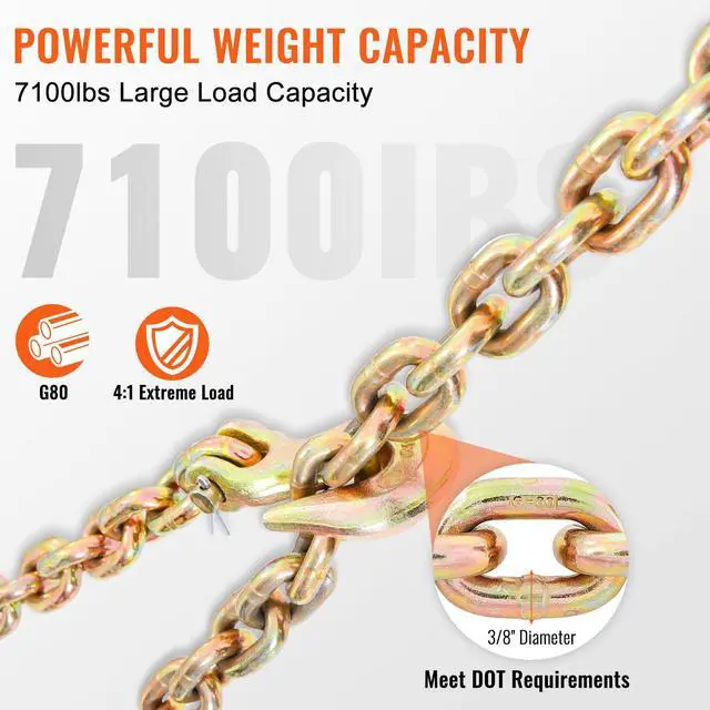 Alt view image 5 of 7 - Transport Binder Chain, 7100 lbs Working Load Limit, 3/8'' x 20' G80 Tow Chain Tie Down with Grab Hooks, DOT Certified, Galvanized Coating Manganese Steel for Dock Factory Construction Site