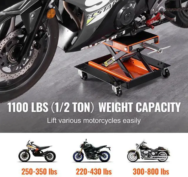 Alt view image 2 of 7 - Motorcycle Lift, 1100 LBS Motorcycle Lift ATV Scissor Lift Jack with Dolly & Hand Crank, Center Hoist Crank Stand with Wide Deck & Tool Tray for Street Bikes, Cruiser Bikes, Touring Motorcycles