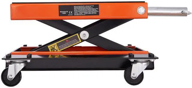 Alt view image 7 of 7 - Motorcycle Lift, 1100 LBS Motorcycle Lift ATV Scissor Lift Jack with Dolly & Hand Crank, Center Hoist Crank Stand with Wide Deck & Tool Tray for Street Bikes, Cruiser Bikes, Touring Motorcycles