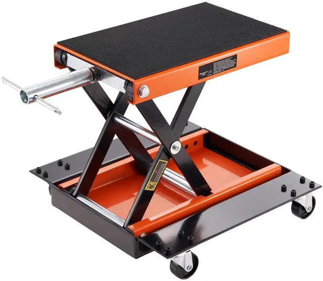 Alt view image 6 of 7 - Motorcycle Lift, 1100 LBS Motorcycle Lift ATV Scissor Lift Jack with Dolly & Hand Crank, Center Hoist Crank Stand with Wide Deck & Tool Tray for Street Bikes, Cruiser Bikes, Touring Motorcycles