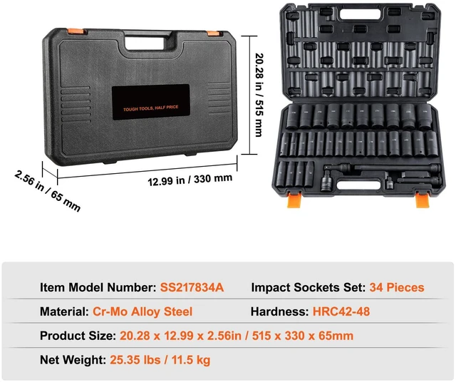 Alt view image 3 of 7 - 1/2" Drive Deep Impact Socket Set, 34-Piece Metric Socket Set (8-36mm) 6-Point Cr-Mo Alloy Steel for Automotive Repair, Rugged Design, Includes Heavy-Duty Storage Case