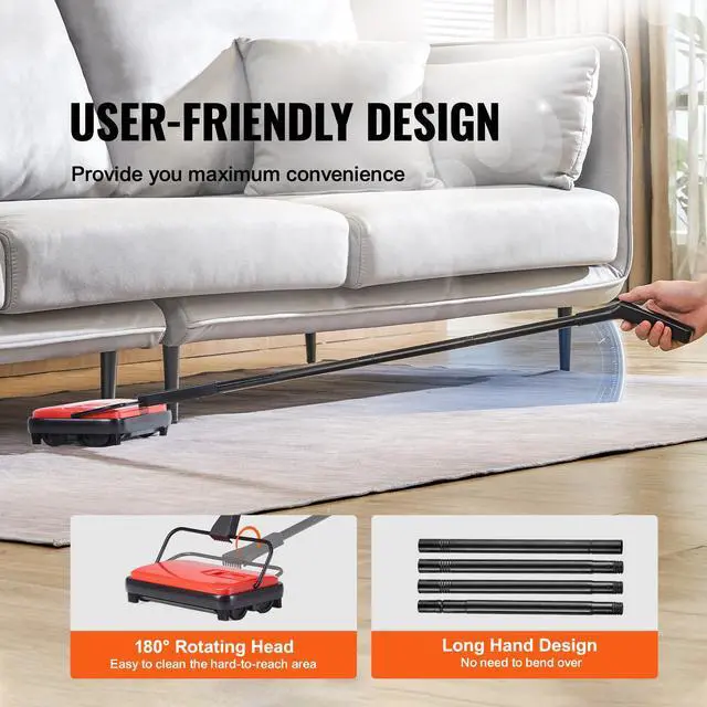 Alt view image 3 of 7 - Carpet Sweeper, 6.7 in Sweeping Paths, Floor Sweeper Manual Non Electric, 300 ml Dustbin Capacity with Comb for Home Office Rugs Hardwood Surfaces Wood Floors Laminate, Cleans Dust Pet Hair