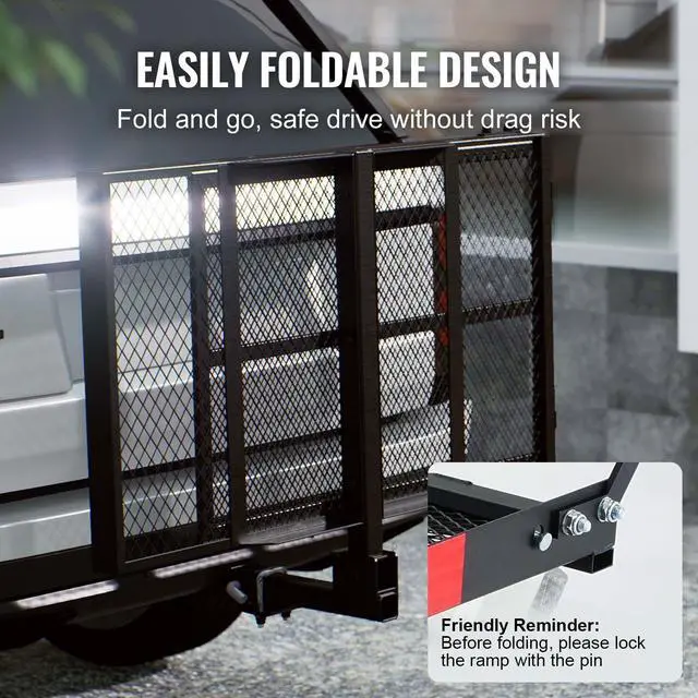 Alt view image 3 of 7 - Hitch Mount Cargo Carrier, 45.3" x 25.6" Iron Hitch Cargo Rack with Folding Ramp, Hitch Rack Basket with Stabilizer and Straps, 500LBS Mobility Scooter Carrier Fit 2" Hitch Receiver