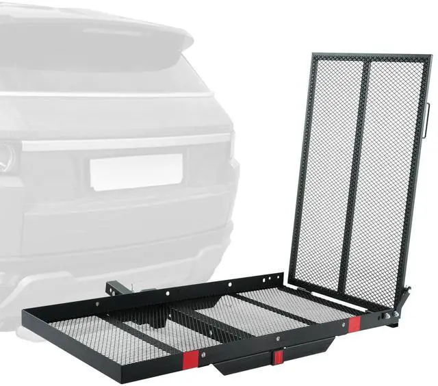Alt view image 7 of 7 - Hitch Mount Cargo Carrier, 45.3" x 25.6" Iron Hitch Cargo Rack with Folding Ramp, Hitch Rack Basket with Stabilizer and Straps, 500LBS Mobility Scooter Carrier Fit 2" Hitch Receiver