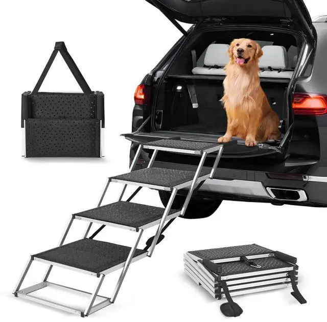 Alt view image 4 of 7 - Dog Stair for Cars 4-step Folding Dog Steps Aluminum Loads up to 250 lbs