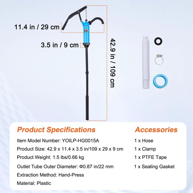 Alt view image 4 of 7 - Drum Pump, 9.5 oz. Per Stroke, Lever-Action Barrel Pump, Fits 5-55 Gallon Drums with 3-Section Suction Tube Assembly & Hose, Hand Operated, Designed to Transfer Water, Alcohol, Corrosive Liquids