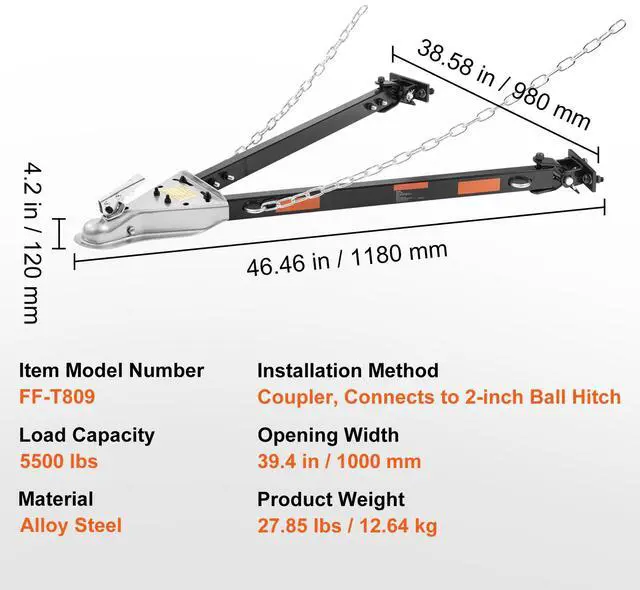 Alt view image 3 of 7 - Tow Bar, 5500 lbs Towing Capacity with Chains, Powder-Coating Alloy Steel Bumper-Mounted Universal Towing Bar, Coupler Fits 2-Inch Ball Hitch, 39.4-Inch Opening Width, for RV Car Trailer Truck