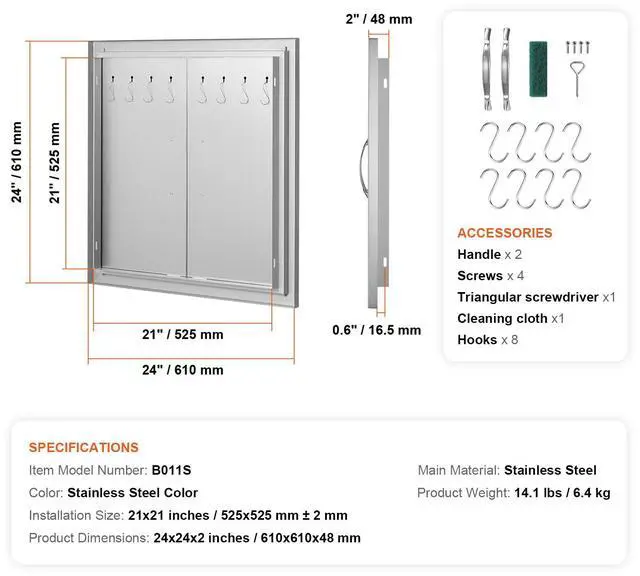 Alt view image 5 of 7 - BBQ Access Door, 24W x 24H Inch Double Outdoor Kitchen Door, Stainless Steel Flush Mount Door, Double Wall Vertical Door with Handles and Hooks, for BBQ Island, Grilling Station, Outside Cabinet