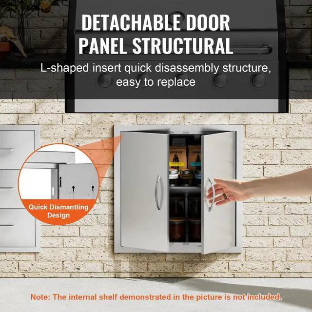 Alt view image 6 of 7 - BBQ Access Door, 24W x 24H Inch Double Outdoor Kitchen Door, Stainless Steel Flush Mount Door, Double Wall Vertical Door with Handles and Hooks, for BBQ Island, Grilling Station, Outside Cabinet