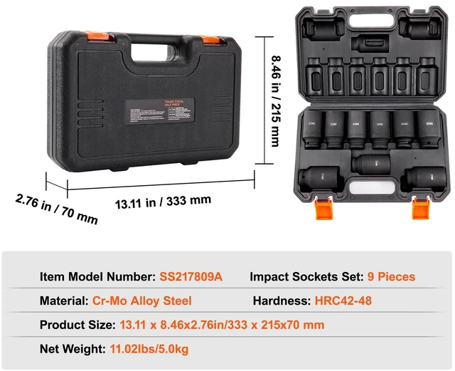 Alt view image 2 of 7 - 1/2" Drive Impact Socket Set, 9 Piece Deep Socket Set Metric 29-38mm, 6 Point Cr-Mo Alloy Steel for Auto Repair, Easy-to-Read Size Markings, Rugged Construction, Includes Storage Case